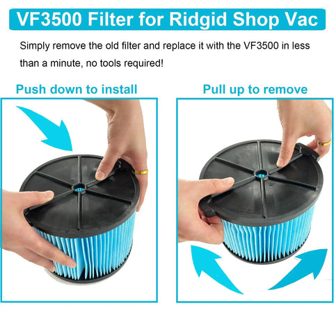 Hands demonstrating installation of VF3500 HEPA Vacuum Filter Replacement for 3-4.5 Gallon Wet Dry Shop Vacuums