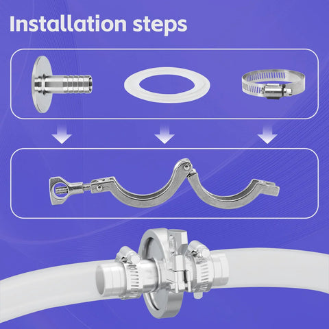 Front view: two-pack 1.5in tri-clamp to 1in barb stainless steel fittings with silicone gaskets and hose clamps