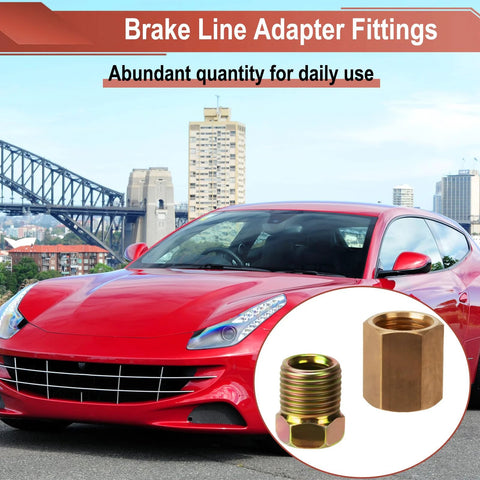 Brass brake line fittings set, front view; 12 pieces (4 unions, 8 nuts) for 1/4 in brake line tubes.