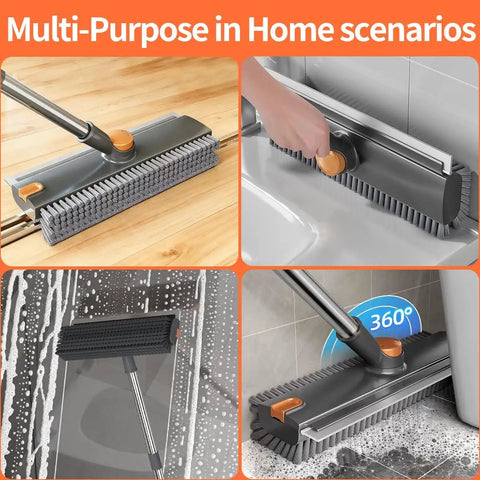 3 In 1 Floor Scrub Brush With Squeegee And Tweezers Long Handle Heavy Duty Stiff Bristle Broom for cleaning various surfaces.