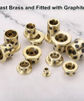 Set Of Three 12mm Flange Sleeve Bearings With 15mm Outer Diameter And 12mm Height, Self Lubricating Cast Brass Graphite Bushings For Slick Linear Motion And No Fuss Heavy Duty Projects, multiple sizes shown.