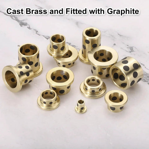 Set Of Three 12mm Flange Sleeve Bearings With 15mm Outer Diameter And 12mm Height, Self Lubricating Cast Brass Graphite Bushings For Slick Linear Motion And No Fuss Heavy Duty Projects, multiple sizes shown.