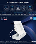 5 Inch LED Recessed Light Canless Mini Panel adjustable with white bezel, showcasing wet rated details and lumens info.
