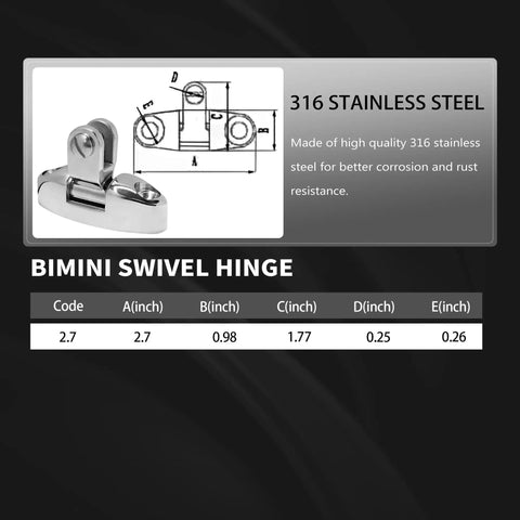 Heavy Duty 316 Stainless Steel Bimini Top Swivel Deck Hinge With 180 Degree Adjustable Quick Release Side Mount Hardware with dimensions.