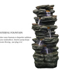 40 Inch High Six Tier Cascading Rock Outdoor Water Fountain With LED Lights For Garden Patio Yard And Deck Decor Relaxing Water Flow Plug In Ready And UL Certified Outdoor Safe, side view showing water cascading over rocks.