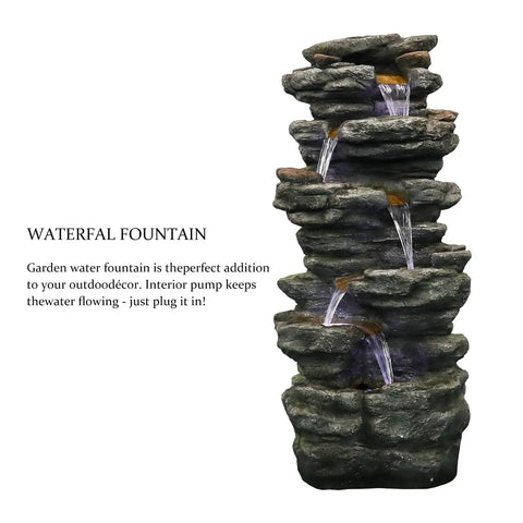 40 Inch High Six Tier Cascading Rock Outdoor Water Fountain With LED Lights For Garden Patio Yard And Deck Decor Relaxing Water Flow Plug In Ready And UL Certified Outdoor Safe, side view showing water cascading over rocks.