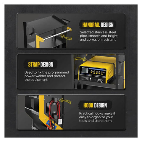Three Tier Rolling Tool Cart On Wheels With Lockable Casters Heavy Duty features handrail, strap, and hook designs.