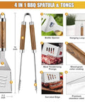 4 in 1 BBQ spatula and tongs from 38 Piece Stainless Steel BBQ Grill Tools Set With Aluminum Case Includes Tongs Spatula Fork Meat Knife Basting Brush Cleaning Brush 2 Grill Mats Thermometer Meat Injector For Camping Backyard Barbecue in focus showing bottle opener and serrated edge features.