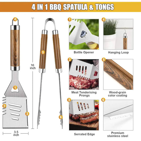 4 in 1 BBQ spatula and tongs from 38 Piece Stainless Steel BBQ Grill Tools Set With Aluminum Case Includes Tongs Spatula Fork Meat Knife Basting Brush Cleaning Brush 2 Grill Mats Thermometer Meat Injector For Camping Backyard Barbecue in focus showing bottle opener and serrated edge features.