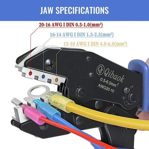 Ratcheting Wire Crimping Tool For Heat Shrink Connectors with color-coded jaws, showing jaw specifications for AWG 12-20.