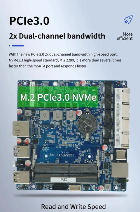 M.2 PCIe3.0 NVMe motherboard with dual-channel bandwidth showcasing high-speed port for Silent Fanless Mini Pc Featuring Intel J6412 Processor, Quad 2.5 Gigabit Ethernet Ports, Sim Card Slot, 8 Gb Ram, 128 Gb Ssd, Hassle Free Setup And Knockout Speed.