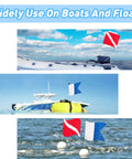 Safety Diver Down Flags 2 Pack Polyester 420D Flags With International Signal Alpha Flag on boat and floats in water.