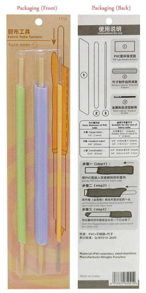 Front view: YEQIN fabric tube turners, set of 3 in green, purple, and orange for sewing.