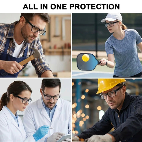Heavy Duty Shop Ready Anti Fog Safety Glasses Featuring Rock Solid Side Shields And Easy Adjust Temples, worn in various work activities.