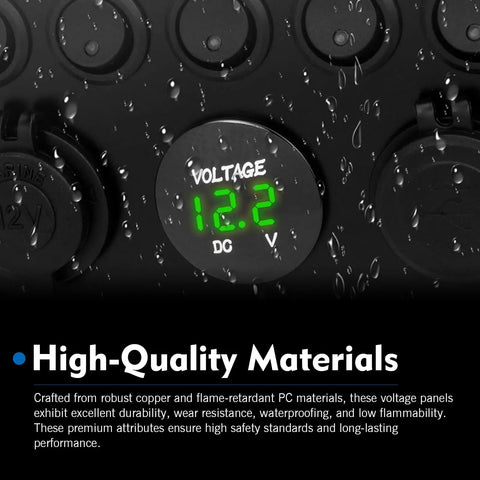 Slick Dual Voltage Car Voltmeter Gauge With LED Digital Display Waterproof Panel Mount Battery Monitor For 12V 24V Vehicles Boats And Marine Vessels Easy Read Voltage Indicator For Cars Trucks Marine Rigs close-up with green 12.2V display