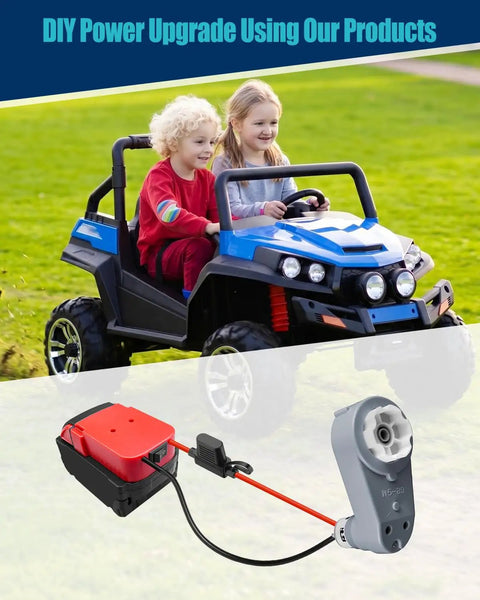 Beefed-Up 24V RS775 Motor Gearbox Upgrade powering kids ride-on car for enhanced performance.