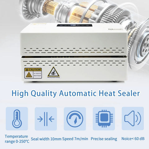 Straight Up Reliable Continuous Band Heat Sealer Machine With Digital Temperature Control For Packing Bags And Burn Proof Safety Cover That Makes Heavy Duty Packaging Jobs A Breeze On Your Desktop Counter displayed with digital controls and safety warnings.