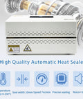 Compact Automatic Heat Sealer Machine With Digital Temperature Control And Fully Enclosed Cover For Dead Simple Food Bag Sealing displayed with controls, sealing specs, and caution signs.