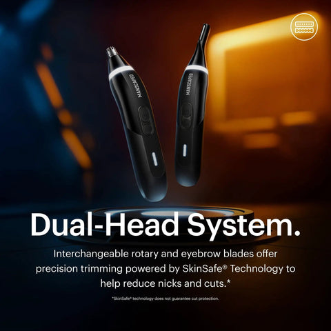 Weed Whacker 3.0 Pro Electric Nose, Ear, And Eyebrow Trimmer with SkinSafe Dual Head System, shown in close-up view.