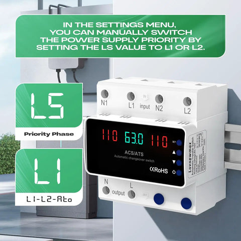 Automatic Transfer Switch 63A 110V for Power Outages With DIN Rail Mount, LED display showing voltage levels, installed view