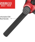 Close-up of red spincast fishing reel handle, featuring EVA grip. Part of Two Pack Spincast Fishing Reels And Rod Combos With Five Foot Six Inch Two Piece Poles Size 30 And Size 40 Reels Right Hand Retrieve Pre Spooled With Ten Pound And Fifteen Pound Cajun Line Black And Red Easy Cast Beginner Friendly Setup.