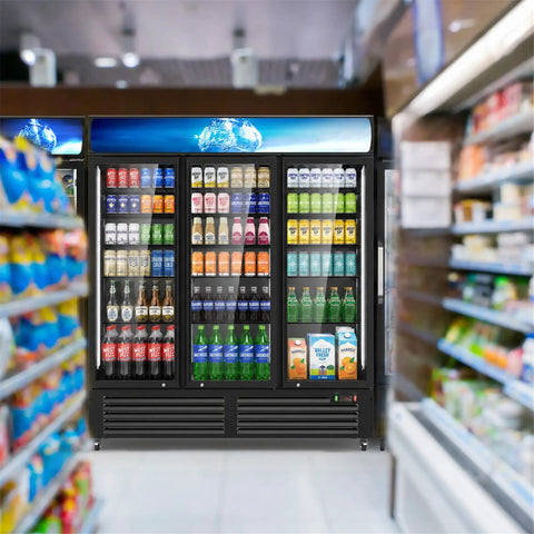 Big Daddy 56 Cu Ft Commercial Beverage Display Fridge With 3 Glass Doors showing various drinks in a store aisle