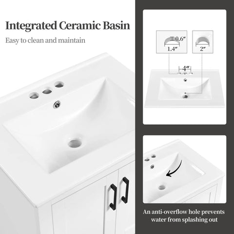 Instant Upgraded Vibes With This 24 Inch Bathroom Vanity Featuring A Built In Ceramic Sink Two Smooth Doors And One Spacious Drawer For Hassle Free Storage Modern White Cabinetry - top view of integrated ceramic basin with faucet holes.