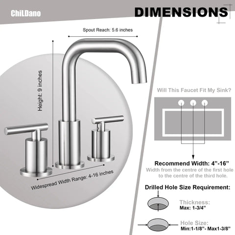 Diagram of 8 Inch Brushed Nickel Widespread Bathroom Faucet with Two Handles, dimensions and installation specs shown