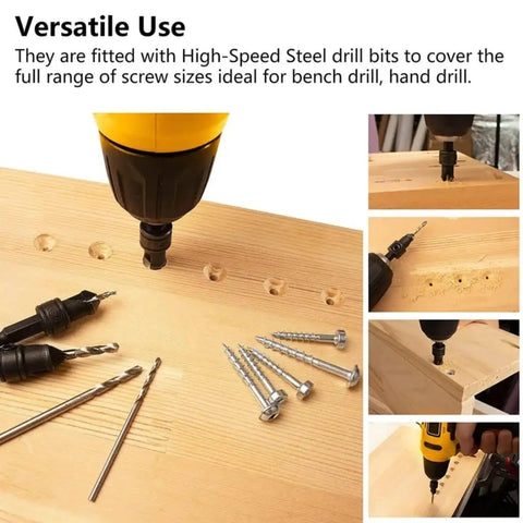 Five Piece HSS Drill Bits Set With Countersink And Replaceable Bits For Woodworking used on wooden board