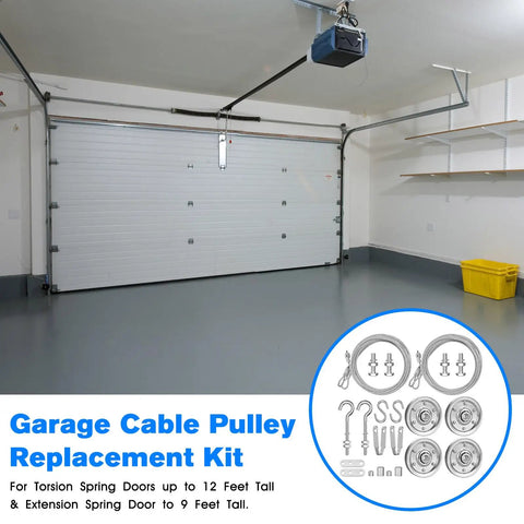 Garage Door Cable Replacement Kit for Overhead Sectional Doors With Four Beefy 3 Inch Heavy Duty Pulleys And Two Galvanized Seven By Seven One Eighth Inch Aircraft Cables, Twelve Fasteners, Built For Torsion And Extension Spring Systems displayed in a garage