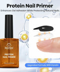 Gel Nail Prep Kit With Dehydrator And Primer, Hema-Free And Acid-Free Bonding Protein bottle and application process illustration.
