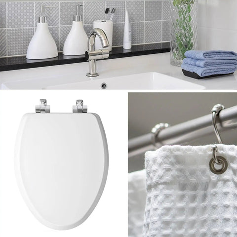 Round White Toilet Seat With Brushed Nickel Hinges Slow Close Wood Seat next to sink, towels, and shower curtain