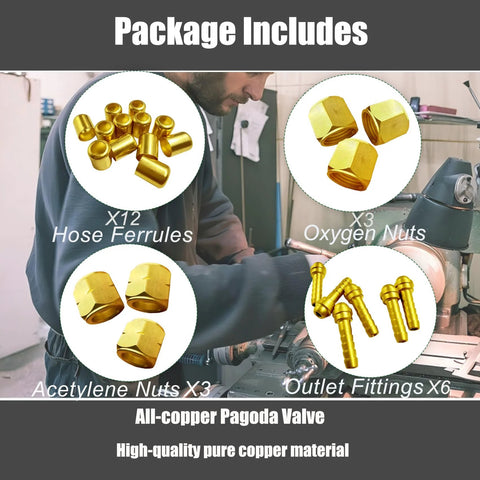 Front view of a 24-piece torch hose repair kit for oxygen and acetylene hoses; brass fittings, hose ferrules, oxygen nuts, acetylene nuts, and outlet fittings