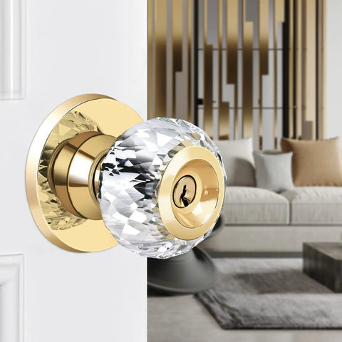 Crystal Glass Door Knob Set With Lock And Keys, 2 Pack Keyed Alike Privacy Door Knobs For Bedroom And Bathroom, Gold Finish.