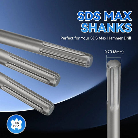 Close-up of SDS Max Shanks, 18mm diameter, part of 3 Piece SDS Max Chisel Set For Rotary Hammer Drills 18 Inch Includes Point Flat And Wide Chisels For Masonry Concrete Brick Stone Durable Steel Bits For Heavy Duty Demolition And Renovation Projects Ideal For Home Improvement.