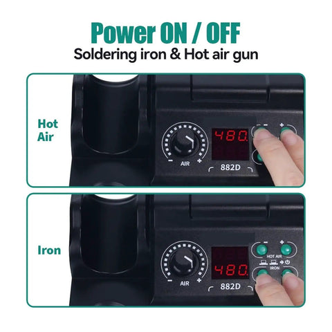 Soldering Iron Station 750W Dual LCD Digital SMD Rework Kit With Hot Air Gun 2 In 1 controls for temperature and airflow.