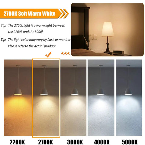 Comparison of 12 Pack Dimmable LED Light Bulbs ST19 Vintage Edison Style E26 Bulbs in various color temperatures, highlighting 2700K soft warm white.
