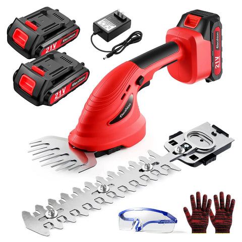 2 Pack Cordless Hedge Trimmer With Battery And Charger, handheld grass cutter with dual blades, batteries, charger, gloves, goggles