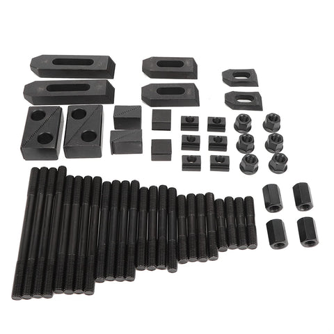 58 Pcs T Slot Clamp Kit For Lathe And Milling Machines laid out, including heavy duty hardened steel press plates and studs.