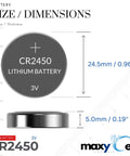 Straight Up Reliable Cr2450 Lithium Coin Cell Battery 3 Volt DC Power size dimensions with radius and thickness marked.