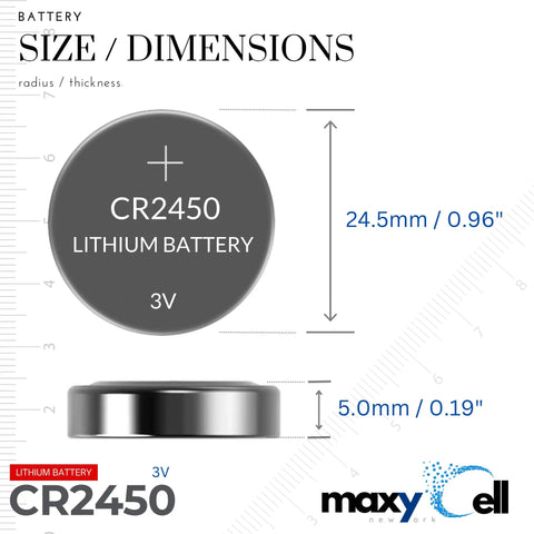 Straight Up Reliable Cr2450 Lithium Coin Cell Battery 3 Volt DC Power size dimensions with radius and thickness marked.