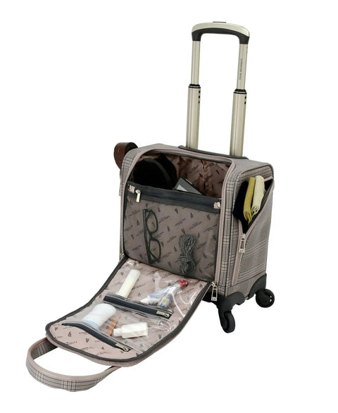 Open Brentwood IV 15 Inch Under The Seat Rolling Bag With Four Wheels For Airline Travel Rose Charcoal showing organized interior pockets.