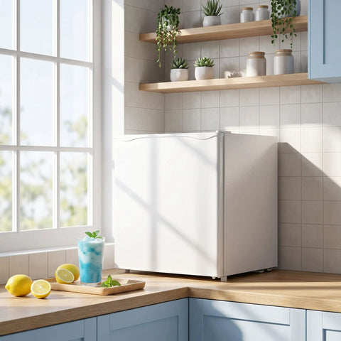 Hella Compact Mini Upright Freezer Packs 1 Point 1 Cubic Feet Inside positioned in a bright kitchen corner with lemons.