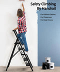Five Step Aluminum Ladder Foldable Step Stool For Home And Garage Lightweight Under 10 Pounds Space Saving Grab And Go Convenience Stable Heavy Duty Build Open Height 45.6 Inches Folds Down To 2.17 Inches For Easy Storage, person painting wall