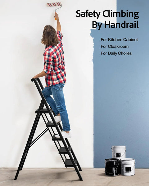 Five Step Aluminum Ladder Foldable Step Stool For Home And Garage Lightweight Under 10 Pounds Space Saving Grab And Go Convenience Stable Heavy Duty Build Open Height 45.6 Inches Folds Down To 2.17 Inches For Easy Storage, person painting wall