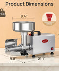 Arinoo Electric Tomato Strainer Juicer Maker Machine 450 Watt Automatic Food Squeezer, 21.1" x 9.8" x 13" stainless steel dimensions.