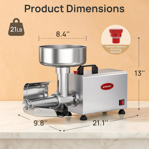 Arinoo Electric Tomato Strainer Juicer Maker Machine 450 Watt Automatic Food Squeezer, 21.1" x 9.8" x 13" stainless steel dimensions.
