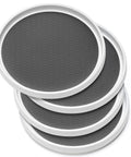 Four-Pack 10-Inch Non-Skid Lazy Susan Turntable Organizers stacked, gray silicone surface, BPA-free, for kitchens and pantries.