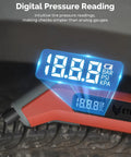 ETENWOLF digital tire pressure gauge, orange body with blue LED display showing PSI/BAR/KPA