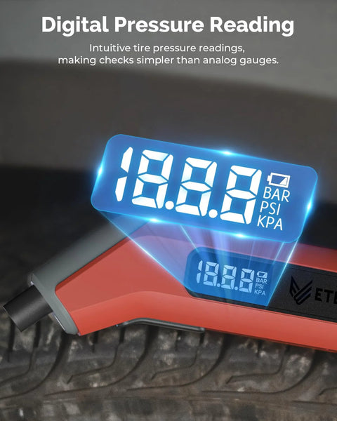 ETENWOLF digital tire pressure gauge, orange body with blue LED display showing PSI/BAR/KPA